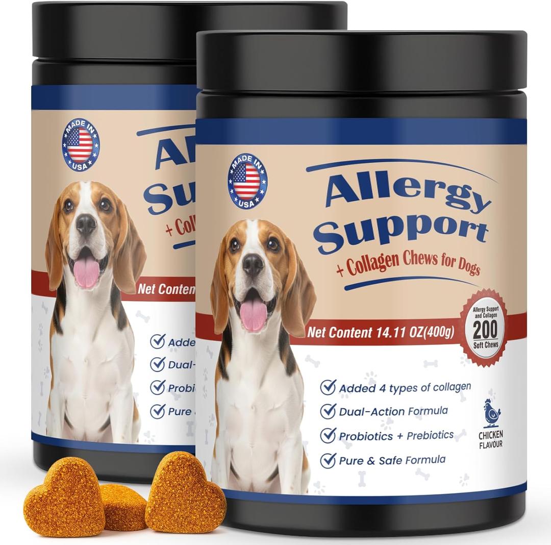 Pet Allergy Relief Chews 400PCs with Natural Collagen Drops Dual Formula for Itch Relief Skin Joint Health Coat Care Infused with Colostrum Probiotics Tasty Bites for All Dogs Cats Daily Consumption