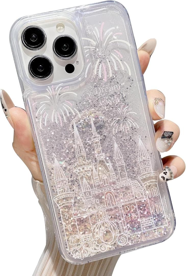 iFiLOVE for iPhone 15 Pro Max Bling Liquid Castle Fireworks Case, Cute Luxury Sparkle Flowing Glitter Quicksand Shockproof Protective Case Cover for Girls Women Kids (Pink)