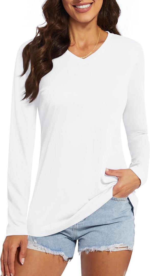 Women's Long Sleeve V Neck Workout Tops UPF50+ Sun Protection Moisture Wicking Lightweight Swim T-Shirts