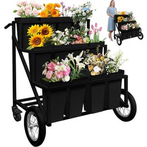 Prolee Flower Stand, Flower Cart with 12 Buckets, Flower Display Stand with Large Wheels, Flower Cart, Moving Florist Bouquet Shelf, Black