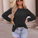 ZESICA Long Sleeve Eyelet Tops for Womens Crew Neck Spring Shirts Casual Loose Blouses 2026 Trendy Clothes (Black, S)