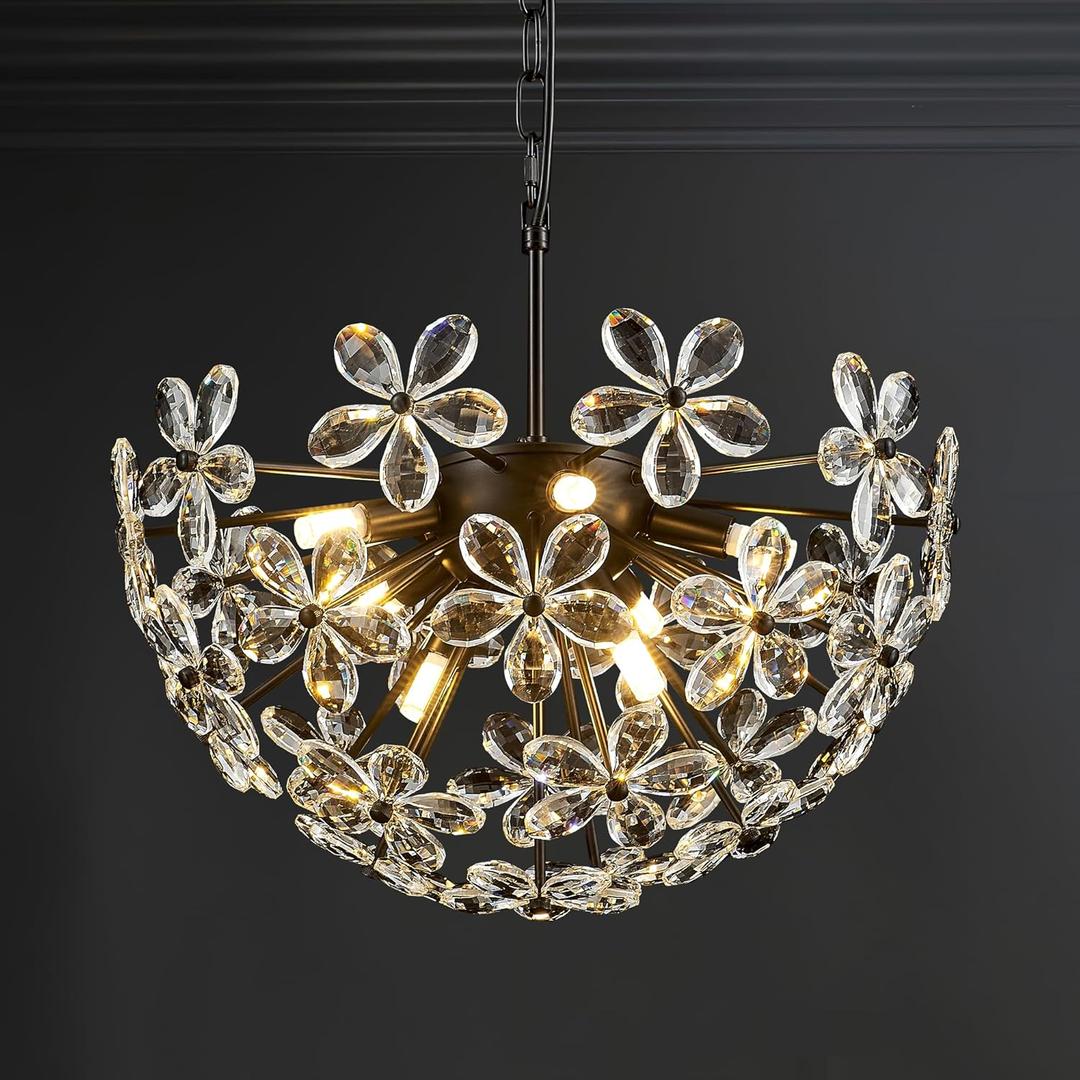 17" Modern Black Crystal Sputnik Chandelier for Dining Living Room Glam Luxury Petal Hemisphere Chandelier 7-Light for Foyer Hallway Elegant Pendant Ceiling Light Fixture for Kitchen Bedroom (16.9" * 15.7" Semicircle)