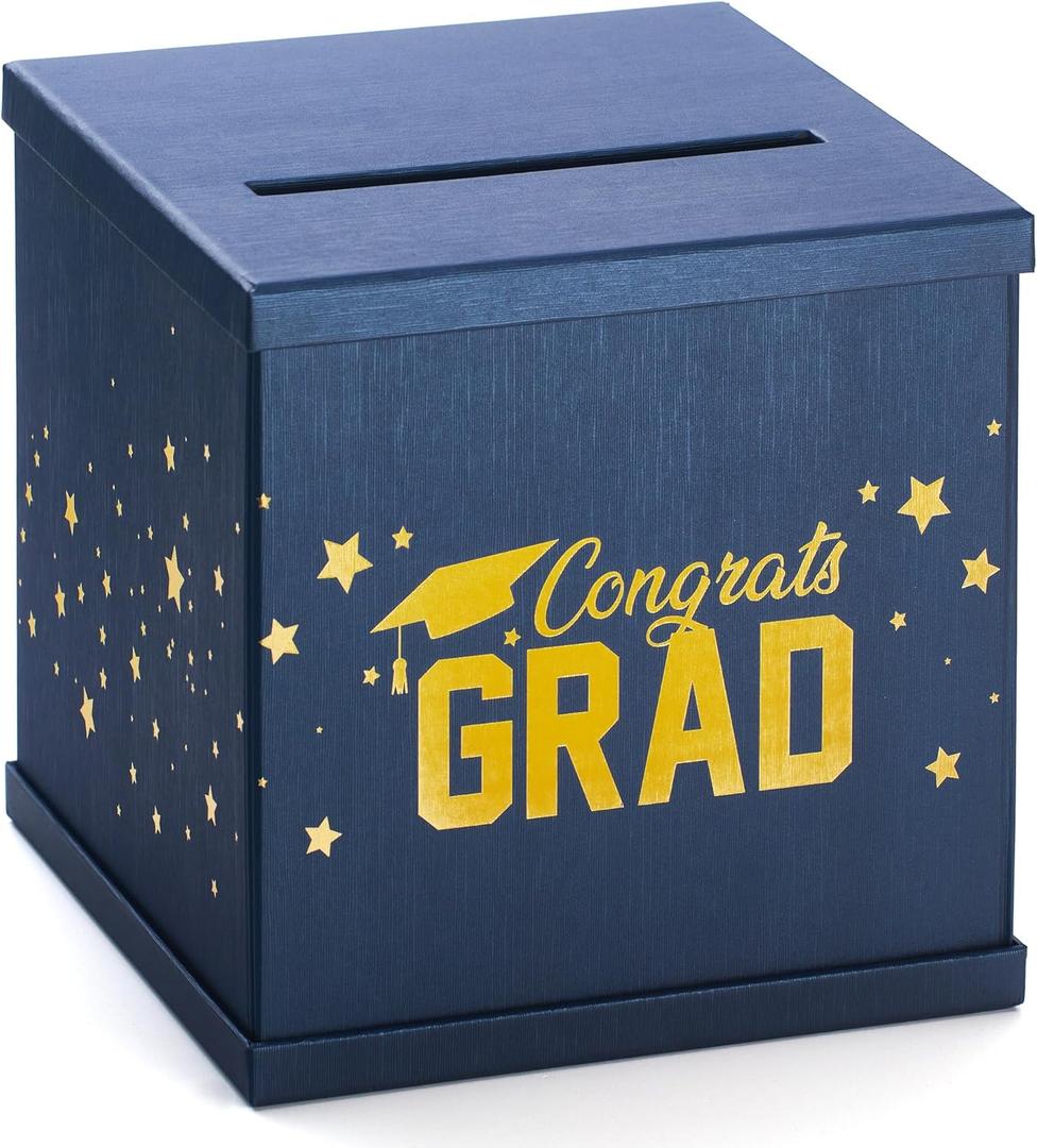Blue & Gold Graduation Card Box, Large 10x10 Navy Blue Congrats Grad Gift Card Box Holder, Grad Party Favors, Envelope Money Basket, College Graduation Decorations 2026, Party Decor, Table Centerpiece