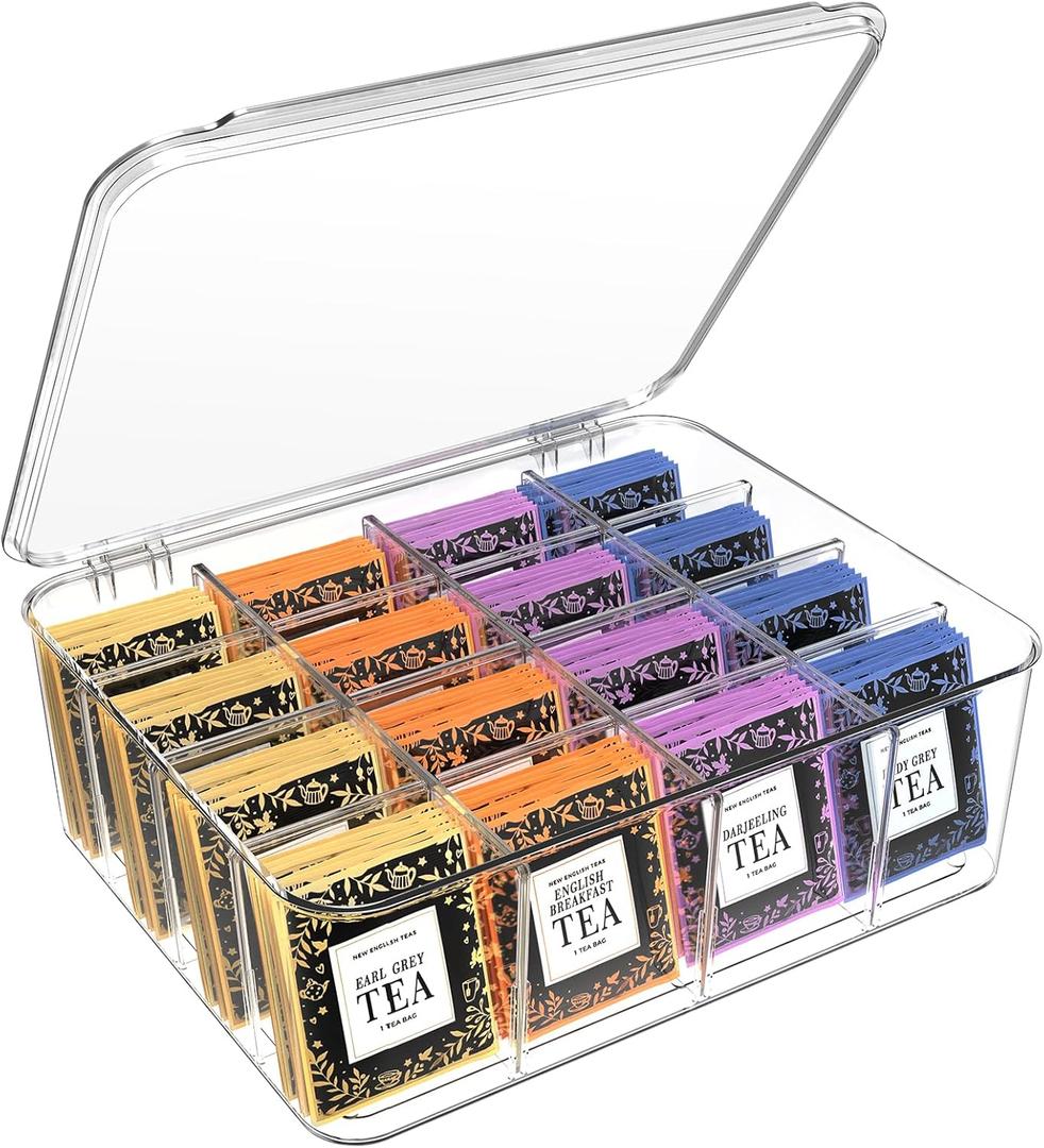 Extra Large Tea Bag Organizers and Storage, Clear Acrylic Tea Box Organizer Storage Box with Lid, Teabag Holder Organizer for Countertop, Cabinet, Drink Packets Caddy for 16 Different Types