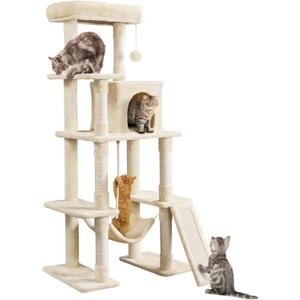 Yaheetech Cat Tree, 63 Inches Multi-Level Indoor Cat Play Structure with Scratching Posts, Hammock, and Dangling Ball (Beige)