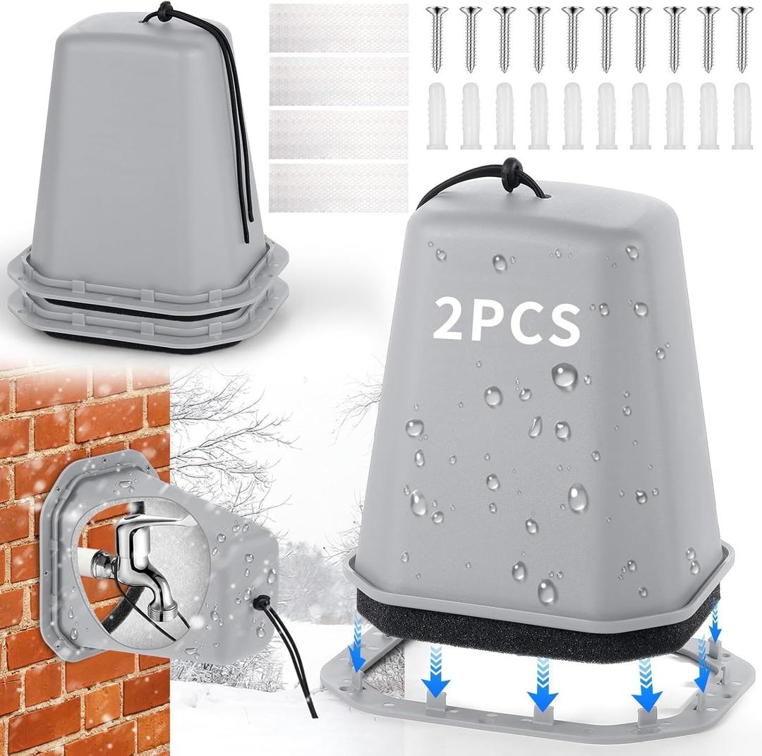 2 Pcs 2 in 1 Extra Long Pet Proof Outdoor Faucet Covers Winter w/Lock 8.5x7x5.5 in Thick Foam Plastic Spigot Cover Reflective Strips Faucet Cover for Outside Water Faucet Freeze Protection (Gray)