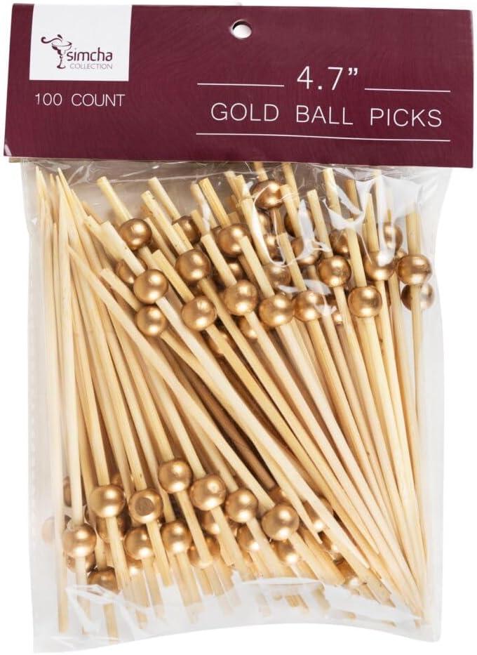 Gold Ball End Bamboo Picks 4.7 Inch, 2400-Count Bulk Case, 24 Packs x 100, Decorative Cocktail Picks and Appetizer Skewers for Charcuterie, Sandwiches and Party Catering