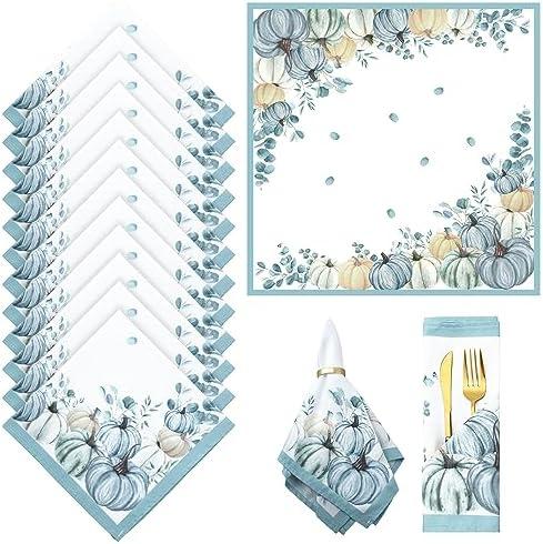 Qeeenar 12 Pcs Fall Cloth Napkin 20 x 20 Inch Blue Pumpkin Cloth Napkins Thanksgiving Autumn Harvest Pumpkin Buffalo Plaid Party Dinner Washable Decoration