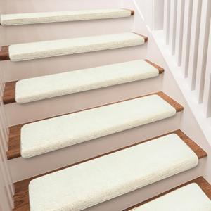 PURE ERA Carpet Stair Treads Ultra Plush 9.5" X 30"Soft Bullnose Indoor Stair Protectors Pet-Friendly Non-Slip Skid Resistant Tape Free Washable Reusable(14 Pieces, White)