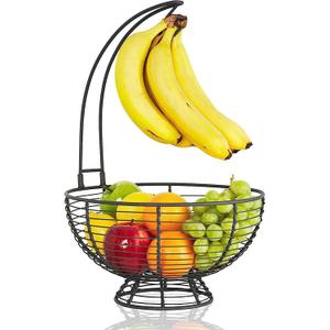 REGAL TRUNK & CO. Large Fruit Basket With Banana Hanger for Kitchen, Rustic French Farmhouse Bowl With Removable Holder Tree, Ideal for Fruits and Vegetables (Matte Brown)