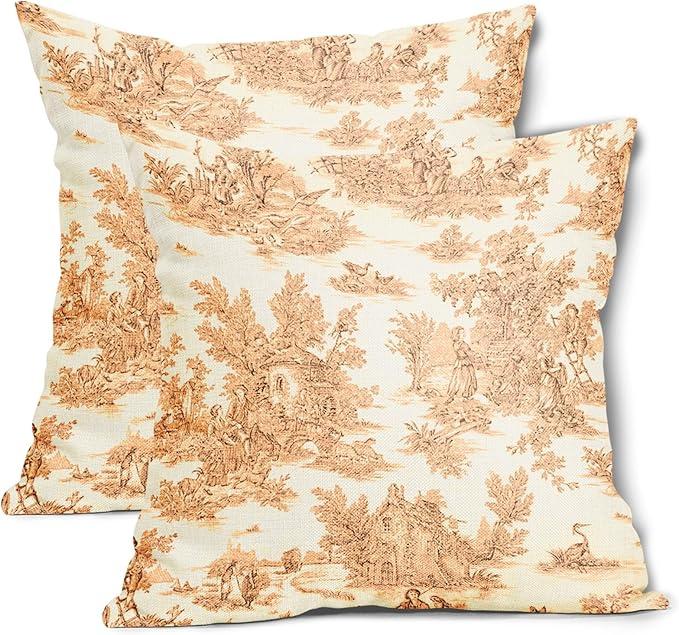 aportt French Country Pillow Covers Set of 2 18x18 Inch Vintage Toile Blue Cotton Linen Polyester Decorative Throw Pillow Case Cushion Cover for Bedroom Sofa Living Room Couch Chair Office, Orange