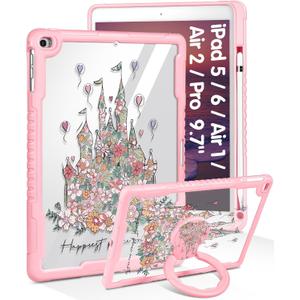 for iPad 5th/6th Gen, Air1/ Air2, Pro 9.7 Inch Case - Women Cute Girls with Stand & Pencil Holder Cover Girly Design Kawaii Protective Hard Funda for iPad 6/5 Generation, Air 1st/2nd, Pro 9.7 (Castle)