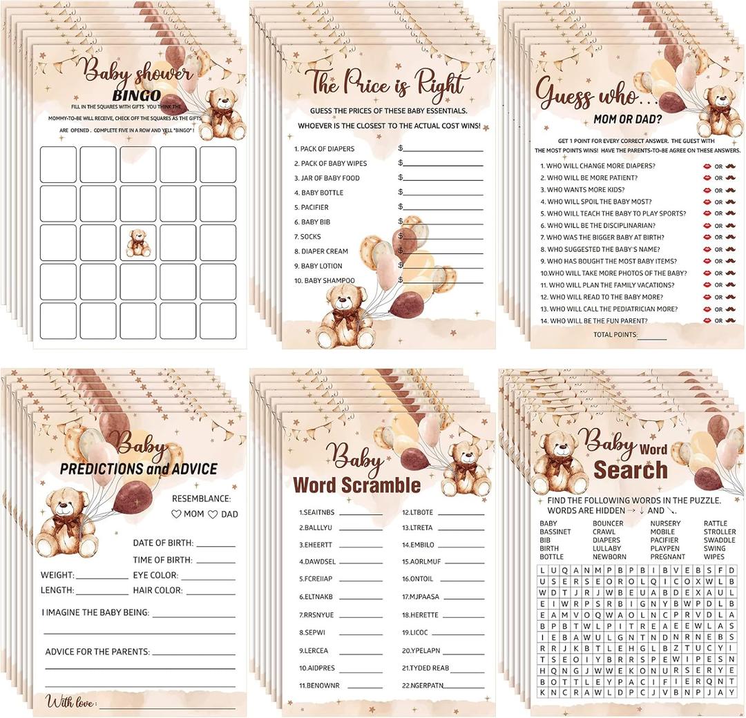 Jetec 302 Pcs Bear Baby Shower Games Set 6 Games Include Baby Shower Word Scramble Word Search Predictions and Advice the Price is Right Guess Mom or Dad(Brown Bear)