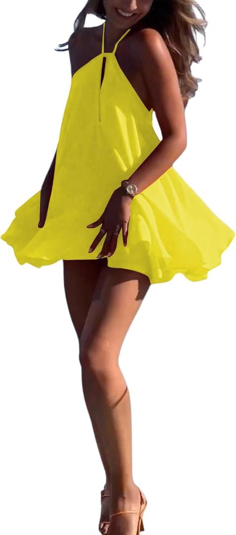 SOLY HUX Women's Mini Dress Halter Neck Sleeveless Tie Backless Swing Flowy Beach Dresses Summer Vacation Clothes