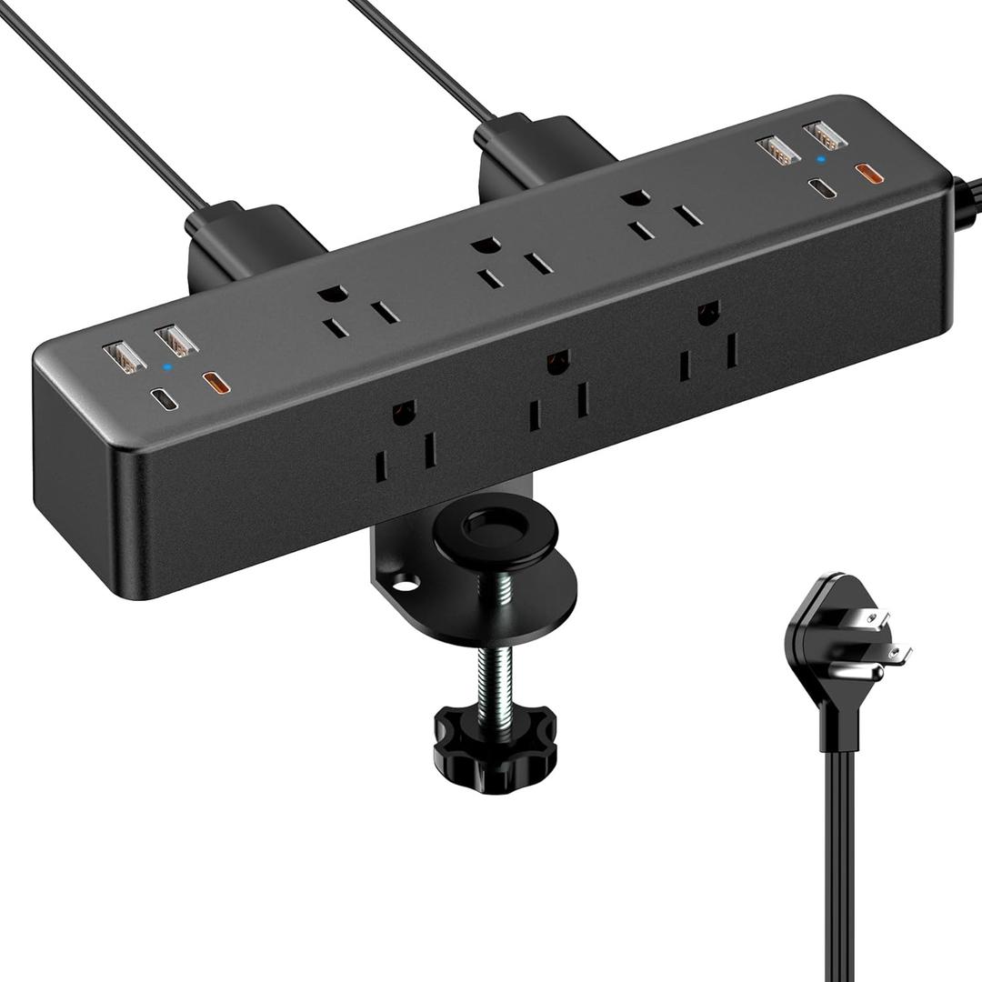 Flat Plug Desk Clamp Power Strip 10FT, 40W Total Fast Charging Station, Dual PD 20W USB C Ports, Desk Edge Mount Power Strip 9 AC Outlets 8 USB Ports(4 USB C) Surge Protector, Fit 1.7" Tabletop Edge Black