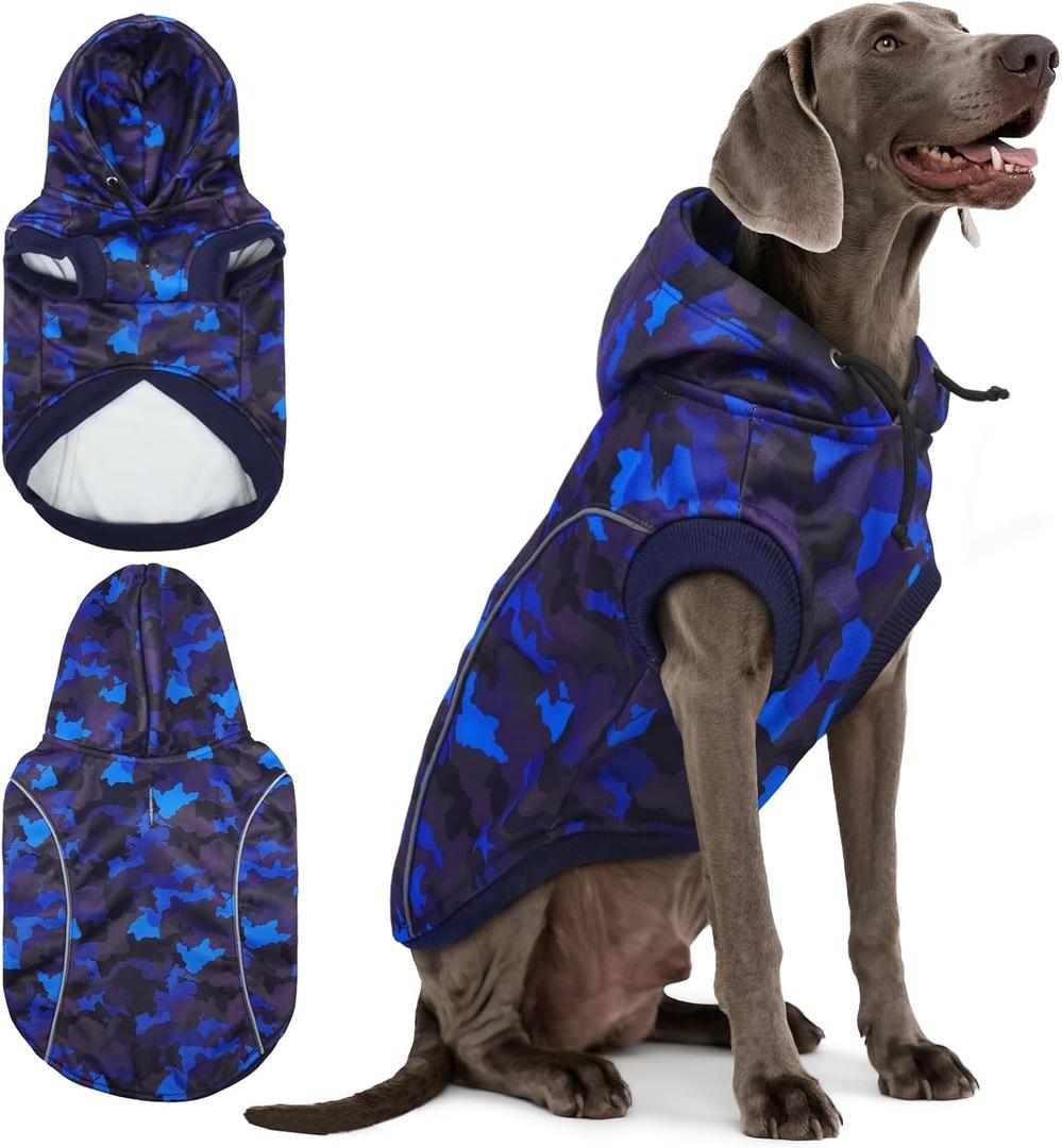 IECOii Camo Dog Hoodie Fleece Lined Dog Sweatshirt Pullover with Leash Hole and Reflective Stripes, Windproof Warm Hoodie for Medium Dogs Girl Boy, Fall Winter Outdoor Pet Hoodies, Blue Camo, XL