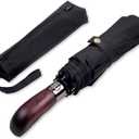 Travel Folding Umbrella with Real Wood Handle Auto Open Close Vented Windproof Canopy - Designed in UK