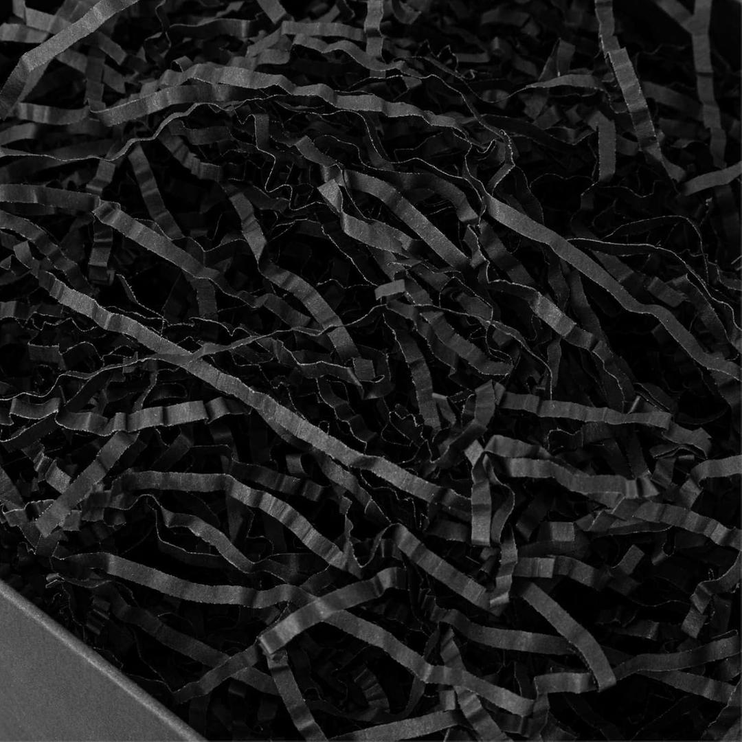 PLINJOY 4 OZ Crinkle Cut Paper Shred Filler for Gift Basket Shredded Confetti Paper Box Stuffing Easter Basket Grass (Black)