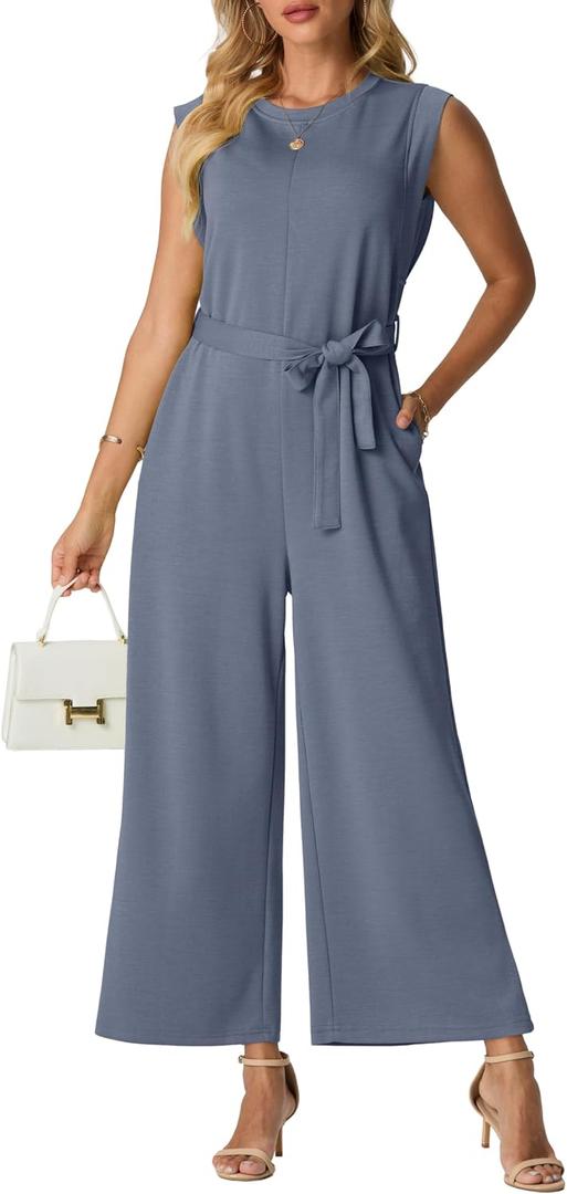 Lepunuo Jumpsuits for Women Dressy Casual Crewneck One Piece Overalls Wide Leg Jumpers Wrinkle-Free Tie Knot Rompers Small