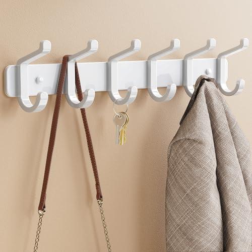 pickpiff Coat Rack Wall Mounted Heavy-Duty: Metal Coat Hanger 6 Hooks for Hanging Hat, Clothes, Robe, Keys, Backpack, Bathroom Towels, Jacket, Purse - Closet, Door, Entryway, Mudroom (White, 1 Pack)