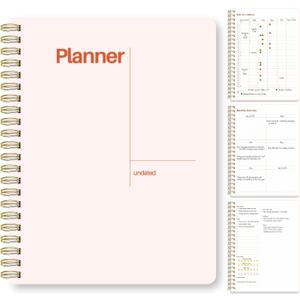 Undated Weekly Planner, 8.5x11  Dashboard Layout with Yearly Review, Monthly Calendars, & Weekly To Do List, Spiral Bound Organizer for Work, Study & Life (Blush White)