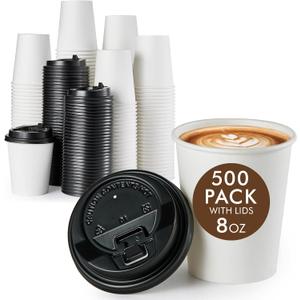 Vplus 500 Pack 8 OZ Paper Coffee Cups, Disposable 8 OZ Coffee Cups With Lids, Cold/Hot Drinking, For Home, Traveling, Stores, Office, And Events (500 Count (Pack of 1), White)