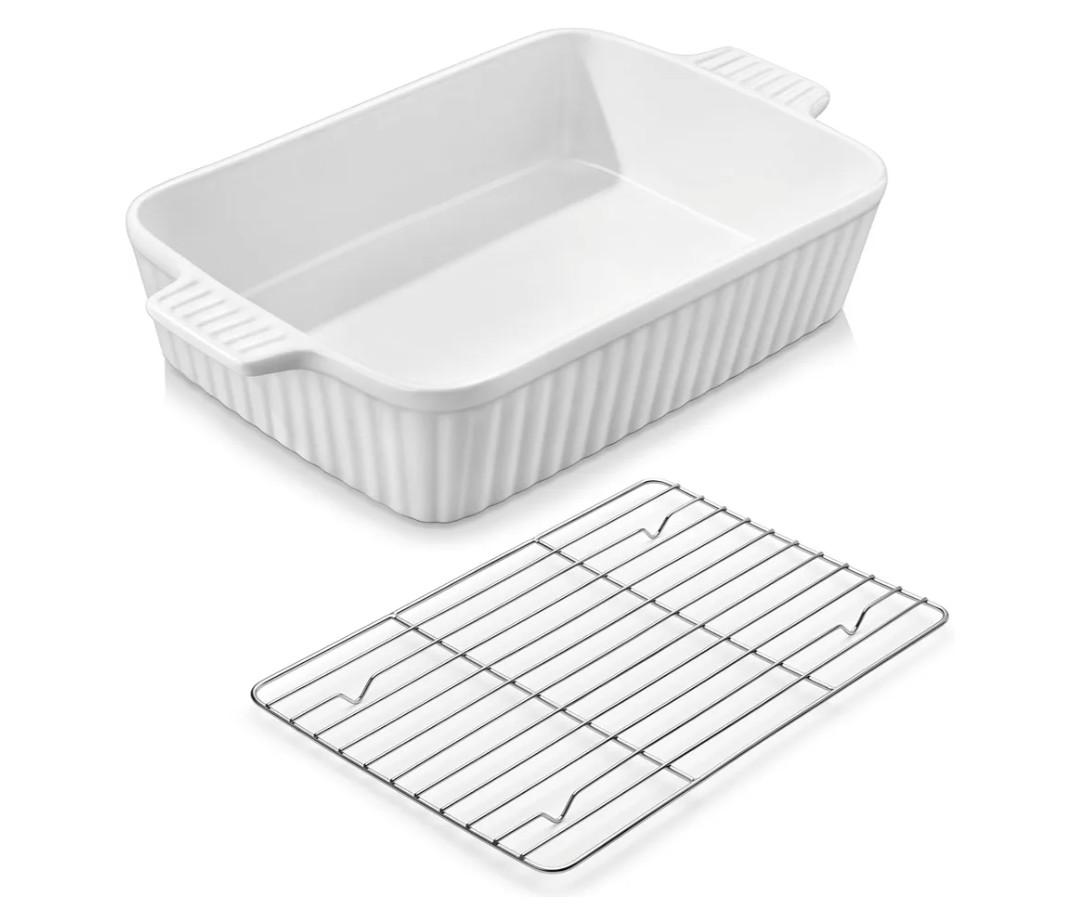 MALACASA 4.4 QT Baking Dish with Rack, 9x13 Large Casserole Dish for Oven, Ceramic Baking Pan with Rack, Rectangular Lasagna Pan Deep with Handles for Baking, Durable Microwave Oven Safe, White