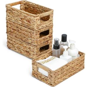 4 Small 3.6 QT Water Hyacinth Wicker Baskets for Shelves, 10" Long Woven Pantry Organizers and Storage Basket, Decorative Ratten Shallow Rectangle Baskets for Organizing Countertop Bathroom