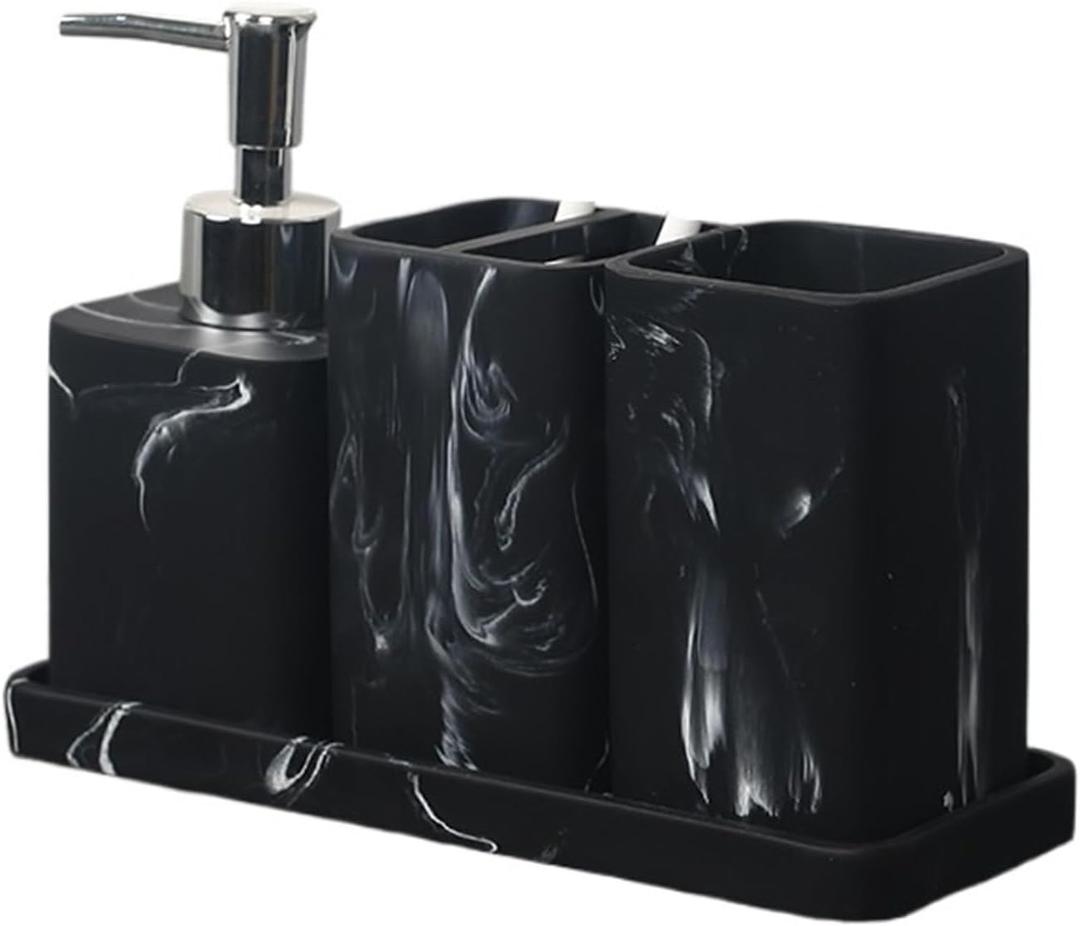 Hand Soap Dispenser Resin Bathroom Accessory Sets, 4 Pieces Bathroom Accessories Complete Set Vanity Countertop Accessory Set, Includes Lotion Dispenser, Mouthwash Cup, Toothbrush Holder And Tray Soap (Small, Black)