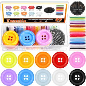 Tanstic 20Pcs 1.9 Inch Resin Buttons Resin Sewing Buttons 10 Mixed Colors 4 Hole Button with Embroidery Thread, Sewing Needles for Sewing Crafts DIY