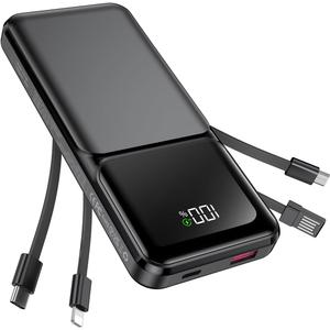 RONEGN Portable Charger with Built in Cable 20000mAh Fast Charging | Power Bank USB C Slim 22.5W LED Display Battery Pack 5 Outputs & 3 Inputs for Travel Essentials iPhone Samsung Phones Black