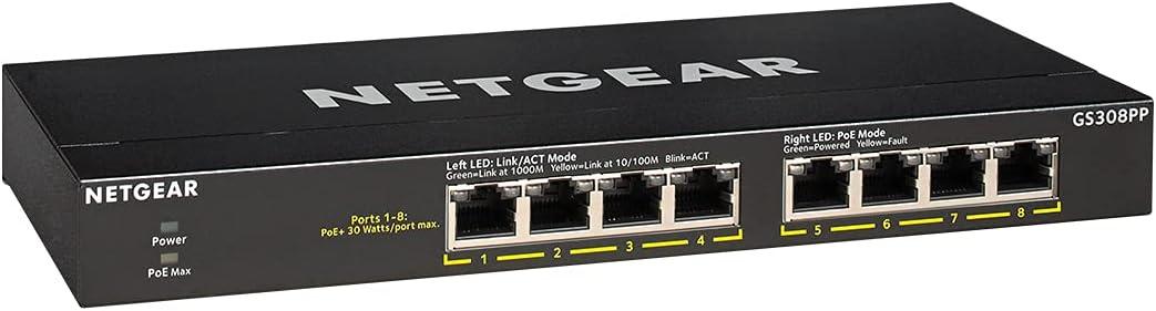 NETGEAR 8-Port PoE+ Gigabit Ethernet Unmanaged Essentials Switch (GS308PP) - with 8 x PoE+ @ 83W, Desktop or Wall Mount