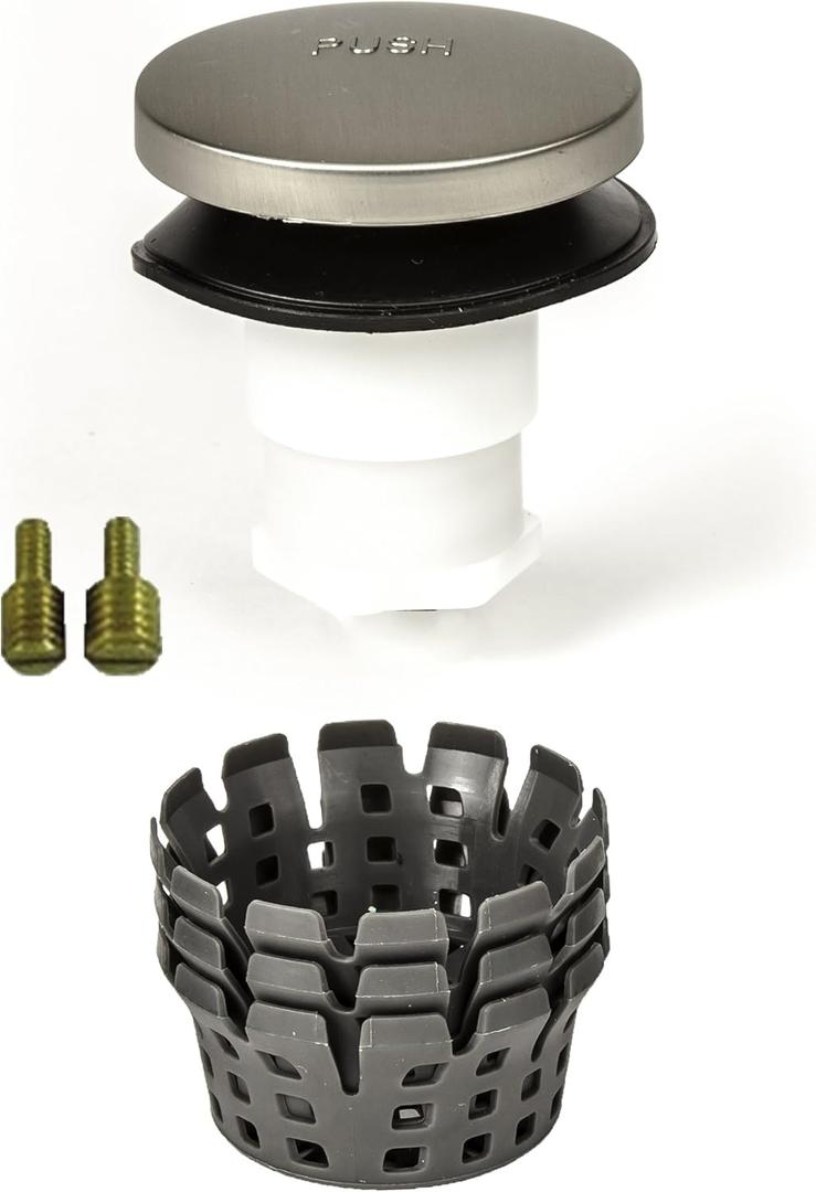 PF WaterWorks PF0936-BN Toe Touch (Tip Toe, Foot Actuated) Bath Tub/Bathtub Drain Stopper Includes 3/8" and 5/16" Fittings (With Hair Catcher, Brushed Nickel)