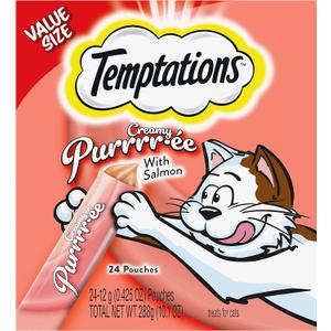 Temptations Creamy Puree Squeezable Lickable Wet Cat Treats with Salmon, 0.42 oz. Tubes, 24 Count