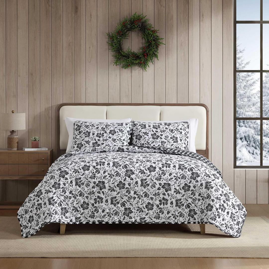 Eddie Bauer - King Quilt Set, Super Soft Bedding with Matching Shams, Rounded Corners, Diamond Corner Stitch (Woodblock Floral Black, King)
