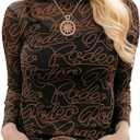 Chvity Women's Long Sleeve Mock Neck Tops Sexy See Through Mesh Going Out Tops Y2k Sheer Letter Printes Western Rodeo Outfit (Medium)