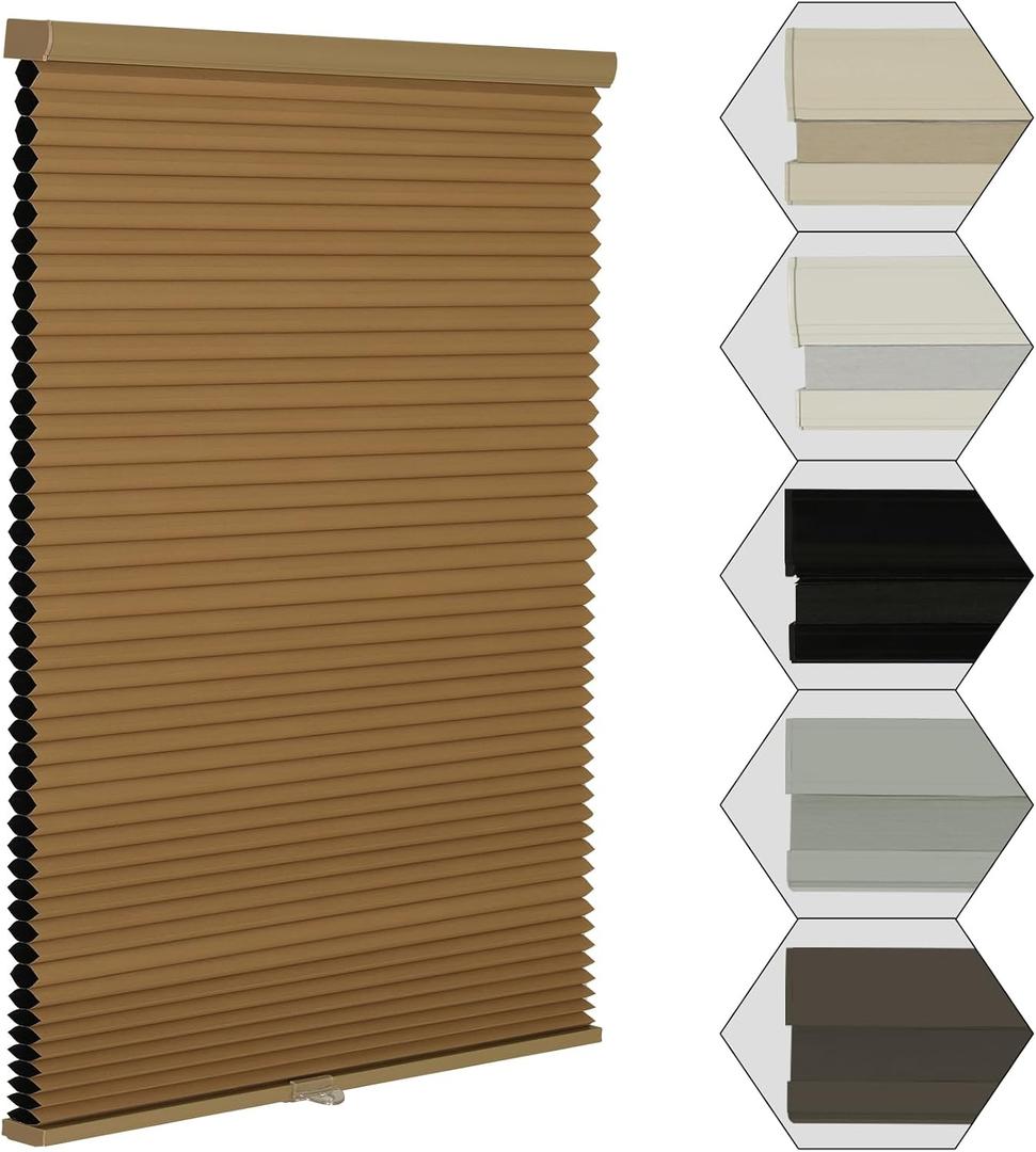 MYshade Cordless Blackout Window Blinds & Shades Pull Down Room Darkening Window Shades Light Blocking Honeycomb Cellular Shade for Indoor Windows Easy to Install 26 inch Wide, H64 Light Brown Blinds