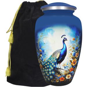 M MEILINXU Urn for Ashes Adult Male & Women, Cremation Urns for Human Ashes Adult Man & Female, Funeral Memorial Urn with Blue Peacock Design, Decorative or Burial Urns, Colorful Flowers - Large Size