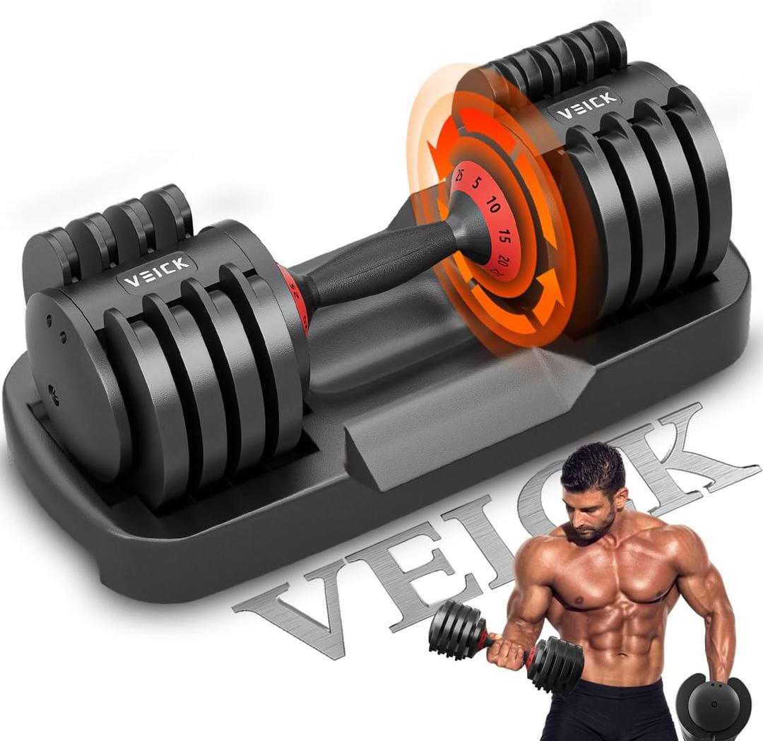 VEICK 25/55 lbs Adjustable Dumbbell With Anti-Slip Turning Handle, Fast Adjust Weight for Men Women, Tray for Home Gym Full Body Workout Fitness (Black)