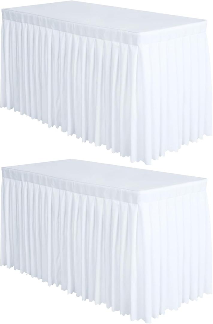 Surmente 2 Pack White Table Skirt, 14ft Polyester Tablecloth for Weddings, Banquets, or Restaurants