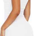 HOCILLE Women's Sexy Bodycon Boat Neck Mini Dresses Sleeveless Ruched Ruffle Hem Club Party Short Dress (White)