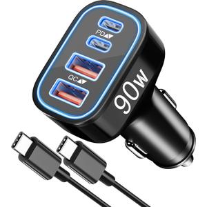 90W 4-Port USB C Super Fast Car Charger for Samsung Galaxy S26/S25/S24/S23/S22 Ultra, iPhone 17/16/15 Pro Max, Android, Type C Fast Charging Car Phone Charger Adapter Accessories + 3FT USB-C Cable