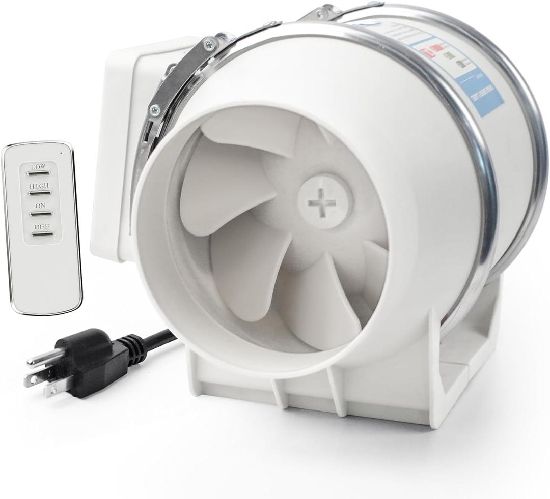 4" Inch Inline Exhaust Fan with Remote Control, 280 CFM High Efficiency Air Flow for Bathroom, Kitchen, Grow Tent, Hydroponics, 3D Printer