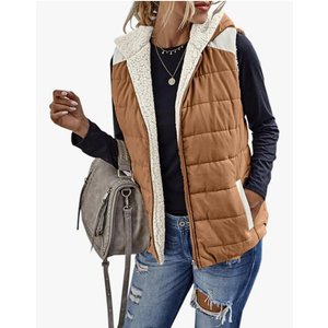 Womens Sherpa Fleece Full Zip Reversible Vest Warm Color Block Hoodie Outwear with Pocket< Brown, M-L