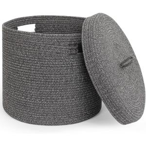 Storage Basket with Lid, Woven Blanket Storage for Living Room, Cute Cotton Rope Bin with Lid, Round Wicker Laundry Basket with Cover, Decorative Kid Dog Toy Box, Nursery Organizer, 15"x13" (Black)