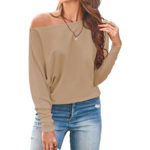 Cakulo Womens Off The Shoulder Sweater Batwing Long Sleeve Casual Knit Tops 2026 Lightweight Pullover Sweaters (Beige, XL)