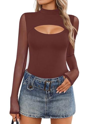 Avidlove Women Long Sleeve Thong Bodysuit Turtle Neck Shapewear Sexy Mesh Top Double Lined Cutout Shirt M