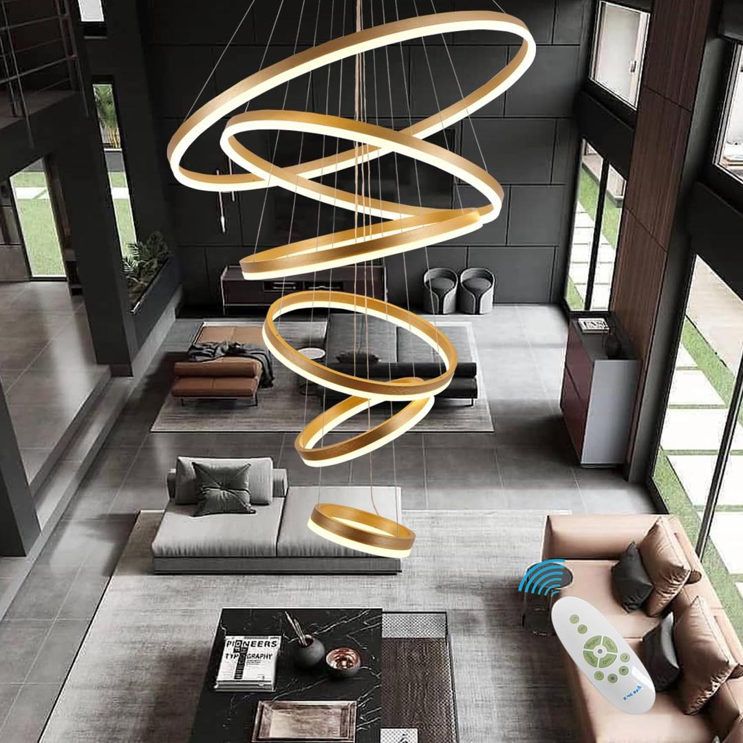 Modern Led Large 6 Ring Chandelier D31.5 Black Modern Chandeliers for High Ceiling, Dimmable, Living Room,Foyer, Entryway (Gold)