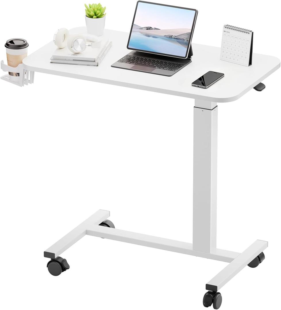 GTPLAYER Small Standing Desk with Wheels, Pneumatic Mobile Rolling Laptop Desk, Adjustable Height Overbed Bedside Table Computer Workstation for Home Office (28" W x 16" D, White)