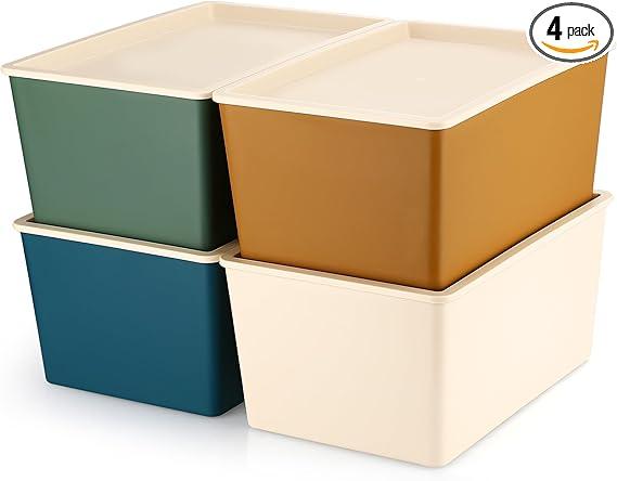 Menkxi 3  Pcs Storage Bins with Lids Small Plastic Storage Containers Stackable Storing Baskets Box for Organizing Shelves (Colorful)
